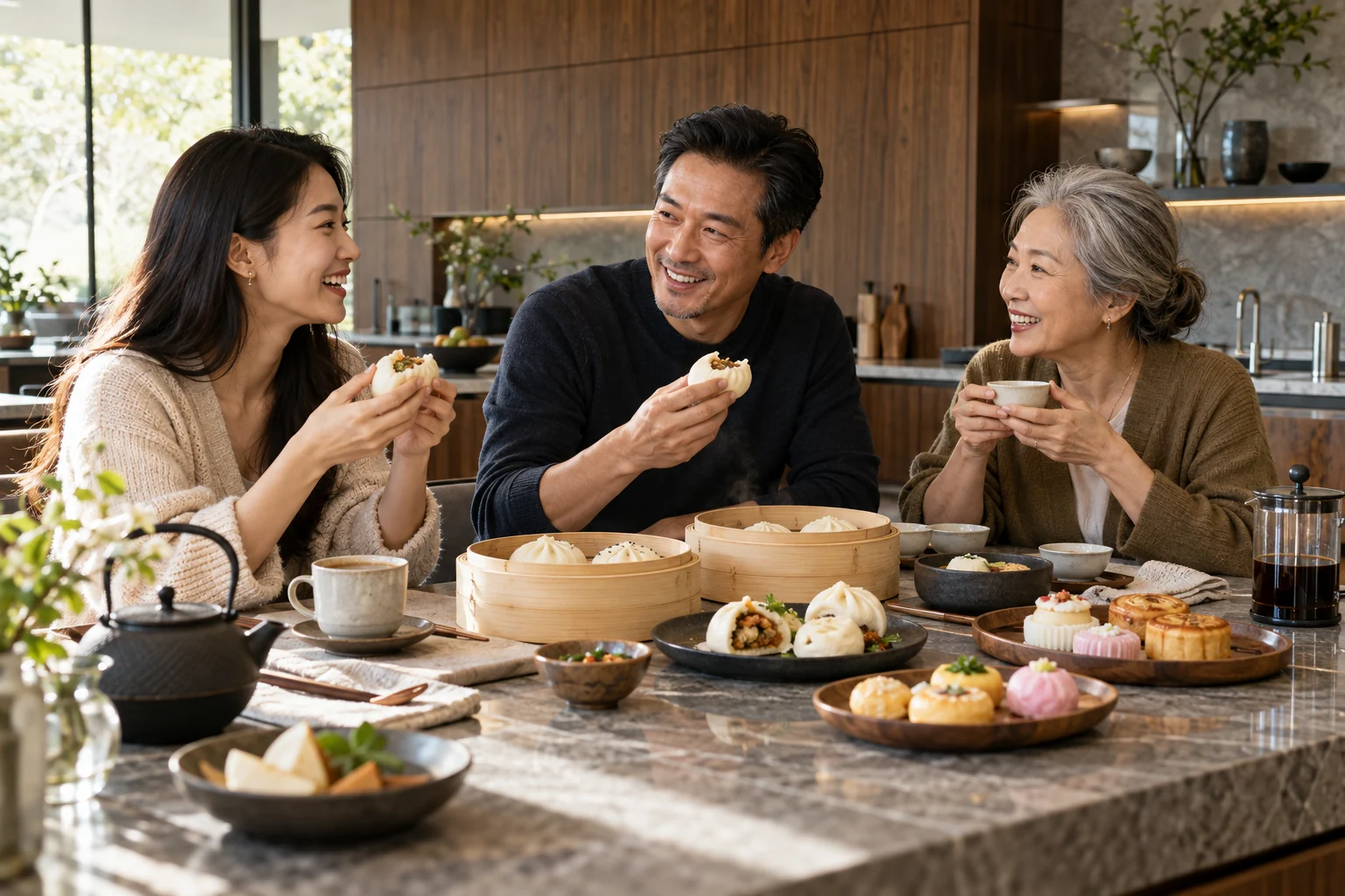 Asian guests from different generations enjoying steamed bao, bakery sweets, coffee, and tea
