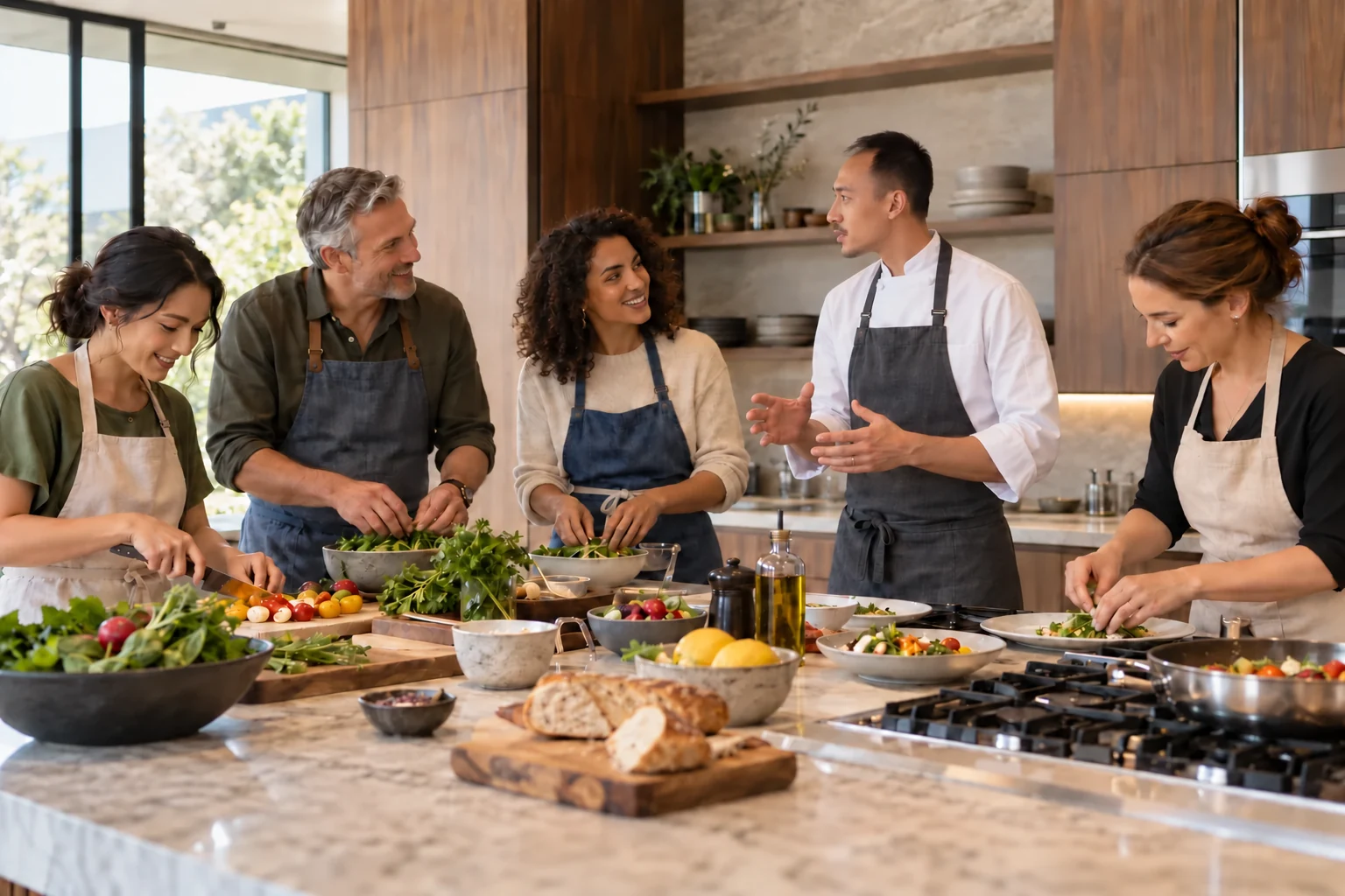 Concept image of Tom leading a cooking class with guests of varied ages and backgrounds